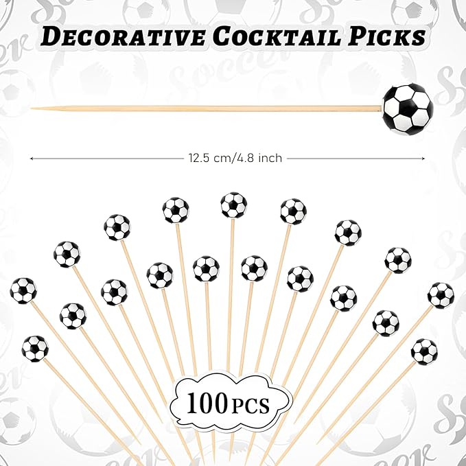 100 Pcs Soccer Toothpicks, 4.72 Inch Soccer Cocktail Picks for Appetizers, Long Bamboo Toothpicks, Decorative Toothpicks Skewers for Holiday Birthday Party Decorations (Soccer 3D)