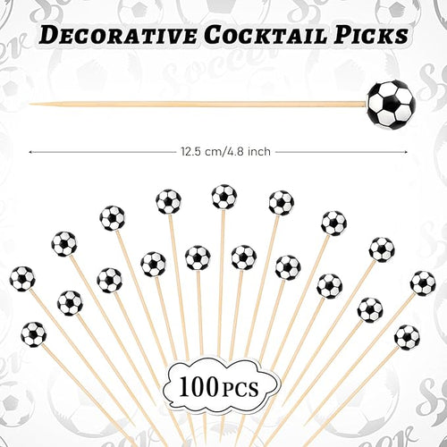 100 Pcs Soccer Toothpicks, 4.72 Inch Soccer Cocktail Picks for Appetizers, Long Bamboo Toothpicks, Decorative Toothpicks Skewers for Holiday Birthday Party Decorations (Soccer 3D)