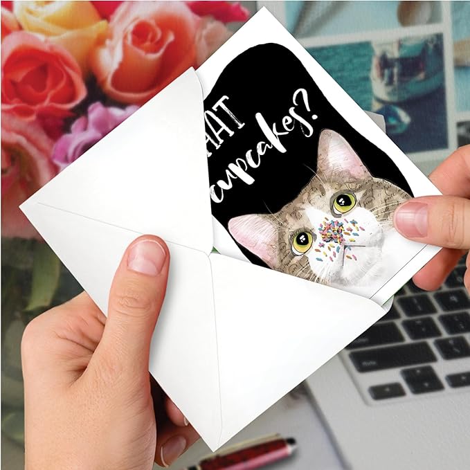 NobleWorks, Pack of 3 Funny Birthday Greeting Cards with Envelopes (1 Design, 3 Each) Cat Antics - Cupcakes C3638ABDG-C3x1