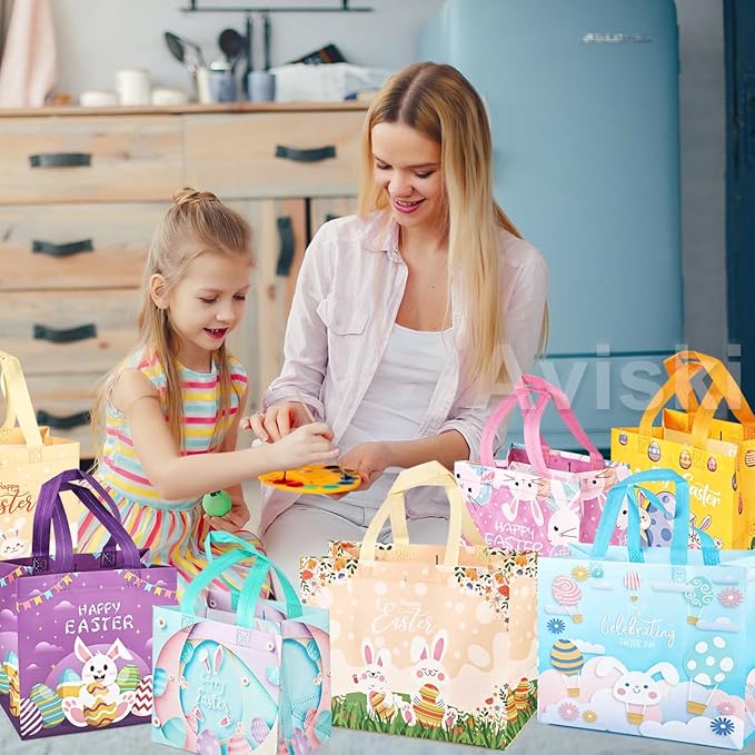 24PCS Happy Easter Egg Hunt Bags, Assorted Sizes Easter Bunny Carrot Chick Egg Gift Bags with Handles, Easter Treat Bags, Multifunctional Non-Woven Easter Bags for Gifts Wrapping, Egg Hunt Game,