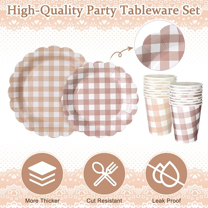 Yaomiao 168 Pcs Gingham Plates and Napkins Beige Plaid Disposable Dinnerware Sets Brown Gingham Plates Cups Napkin Knife Fork Spoon Serve 25 Guests for Wedding Baby Shower Birthday Party Supplies