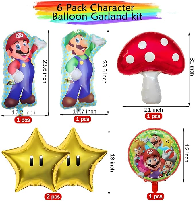 Mario Birthday Party Supplies, 133Pcs Balloons Arch Garland Kit, Assorted Latex Foil Balloons for Mario Birthday Party Decorations