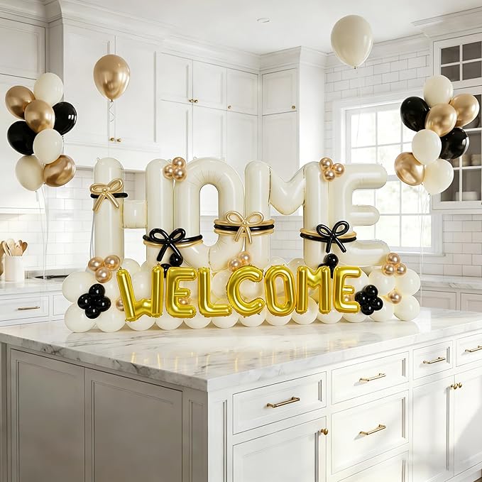 145Pcs Housewarming Party Decorations, 40Inch Beige Welcome Home Balloon Banner, Cream Ivory Black Gold Balloons for New Home Sweet House Warming Homecoming Party