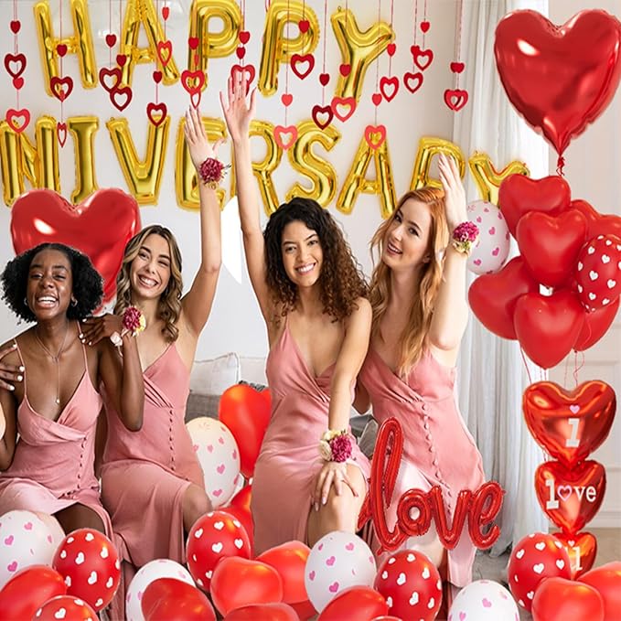 Happy Anniversary Decorations, Red Heart Balloons, Happy Anniversary Banner, Heart Hanging String, Rose Petals, Romantic Decor for Wedding, Valentines Day