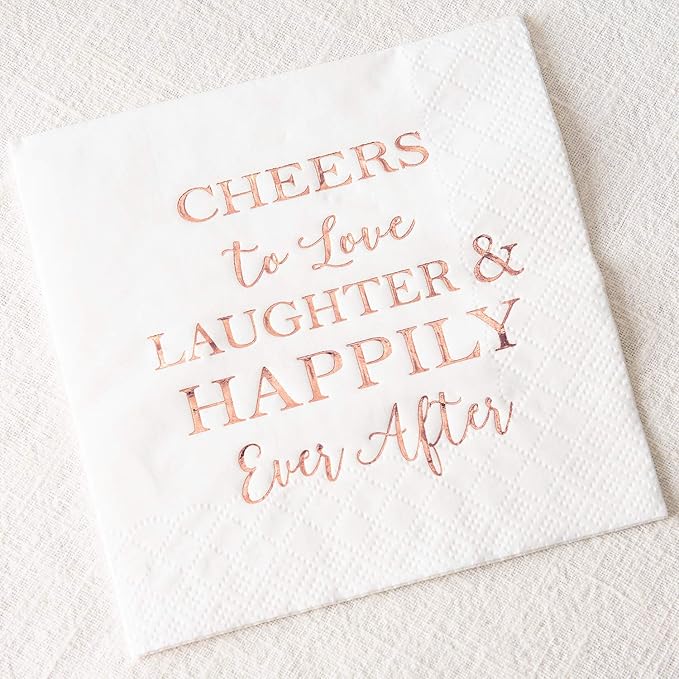 Crisky 50 Count Bridal Shower Napkins Disposable Cocktail Napkins 3-Ply Rose Gold Foil Text Beverage Napkins for Engagement Party Decorations & Wedding Shower