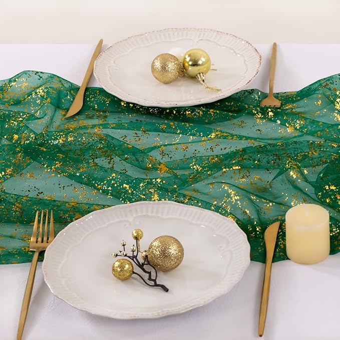 Socomi Christmas Table Runner Gold Gauze Sheer Chiffon Cheesecloth Sequin 10FT Glitter Metallic Foil Dining Wedding Birthday Party Anniversary Holiday Centerpiece Table Decor Emerald Green