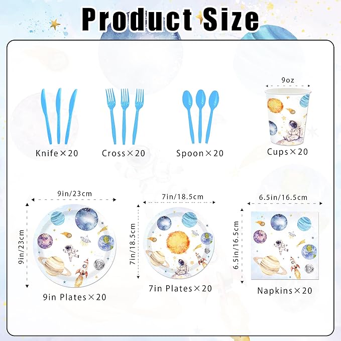 140PCS Space Themed Paper Plates Party Supplies Decorations, Birthday Paper Plates First Trip Around The Sun Astronaut Planet Cake Plate Tableware Dinner Set for Boys Girls Birthday Shower