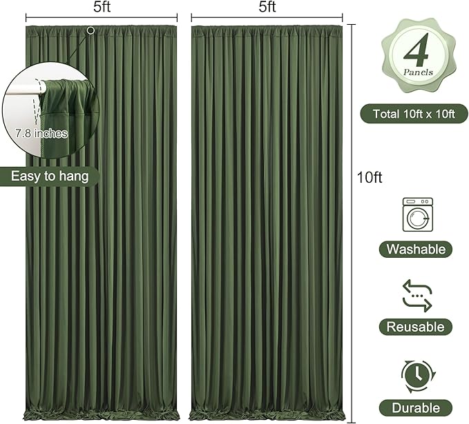 20 x 10ft Hunter Green Backdrop Curtains with Lights String Polyester Photo Backdrop Drapes Wrinkle Free Dark Green Long Curtain for Birthday Party Wedding Reception Baby Shower Ceremony-10 x 5ft x 4P