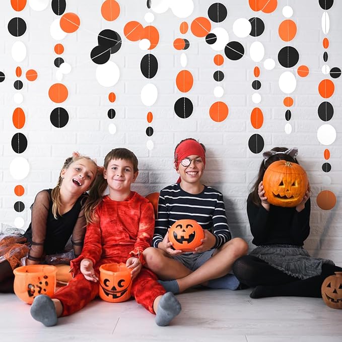 GCQQ 52Ft Black Orange White Garland Orange and Black Paper Circle Dot Streamers Halloween Polka Dot Garlands for Graduation Party Fall Autumn Thanksgiving Wedding Birthday Baby Shower Decoration