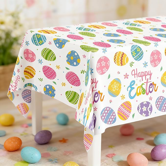 3-Pack Easter Egg Disposable Plastic Tablecloths – 54 x 108 Inch Rectangular Table Covers for Spring Parties and Holiday Decor