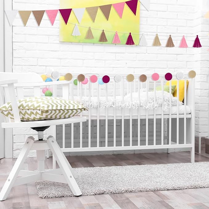 Irenare 9.8ft Pom Pom Garland Felt Rainbow Garland Graduation Party Decoration Colorful Pennant Tassel Banner Birthday Baby Shower Triangle Banner for Classroom School Mantel Fireplace(Pink)