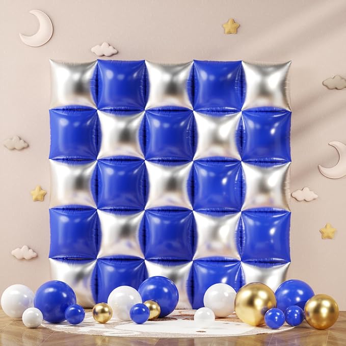 Royal Blue and Silver Checkered Square Foil Balloons Backdrop Wall, Double Sided Tunnel with Dark Blue White Gold Balloon Arch Garland Kit for Birthday Graduation New Year Graduation Party Decoration