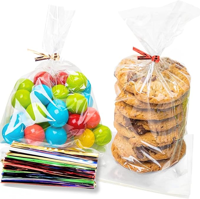 TATTI 200 Pack Clear Cellophane Bags for Favors - Transparent Goodie Bags for Birthday Party, 6x9 Inch Clear Bags with 5-Inch Twist Ties - Candy, Treat, Cookie Bags for Gift Giving