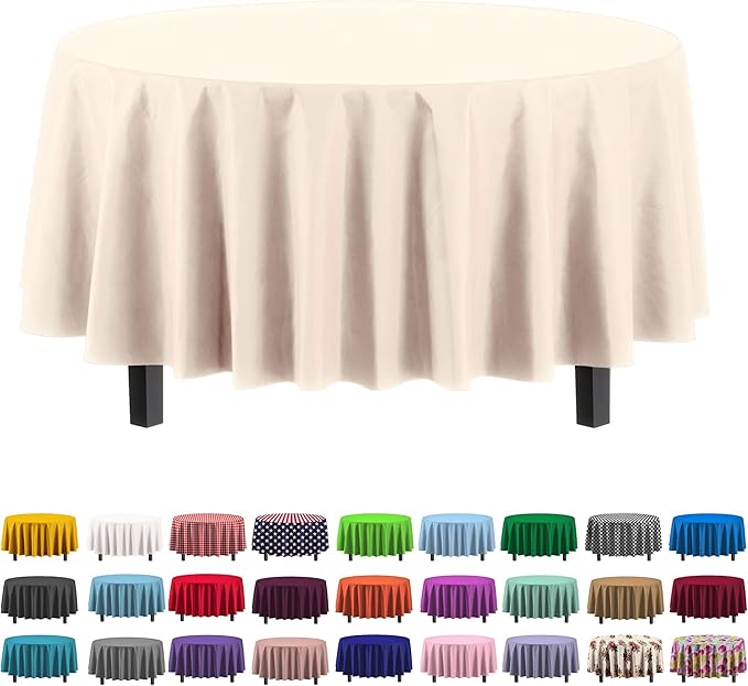 Exquisite Party Solids 6-Pack Premium Plastic Tablecloth 84in. Round Plastic Table Cover - Ivory
