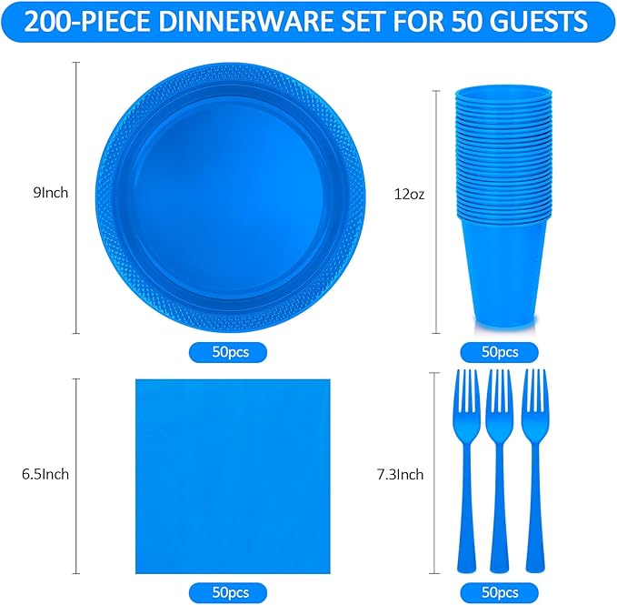 200pcs Blue Plastic Party Plates Party Supplies, 50Pcs Disposable Royal Blue Dinner Plates and Napkins, Cups & Cutlery Dark Blue Party Decorations for July 4th, Graduations, Birthday