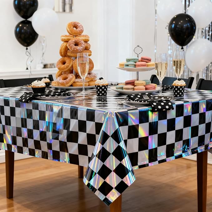 3-Pack Vibrant Black Checkered Tablecloths, Holographic Glittering Disposable Plastic Tablecloths, 54 Inches x 108 Inches, Suitable for Picnics, Birthday Parties, Racing Theme Decorations