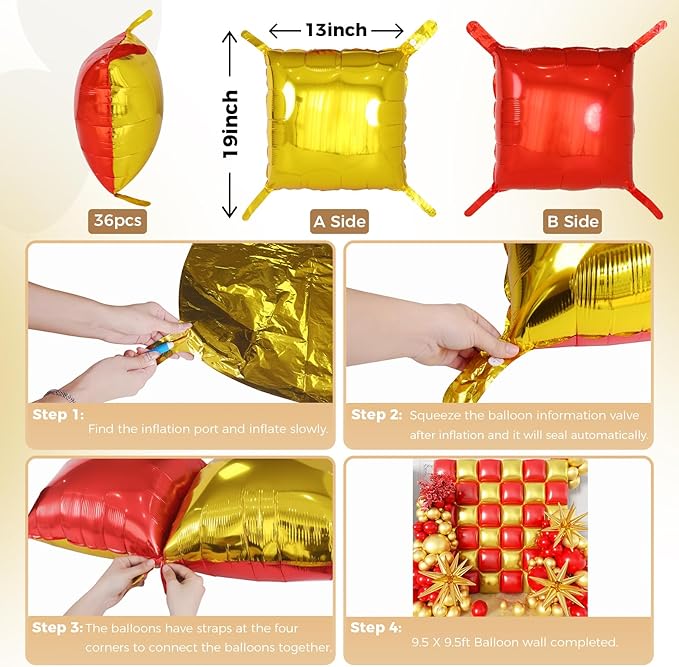36pcs Red and Gold Square Foil Balloons Wall Backdrop with 147pcs Balloon Garland Arch Kit, Double Sided Balloons for Valentine's Day Wedding Birthday Engagement Anniversary Party Decorations