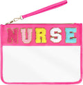 Chenille Letter Bag, Multi-purpose Nylon Clear Makeup Cosmetic Bags Flat Pouches with Zipper for Travel, Gym, Beach (Red-Nurse)