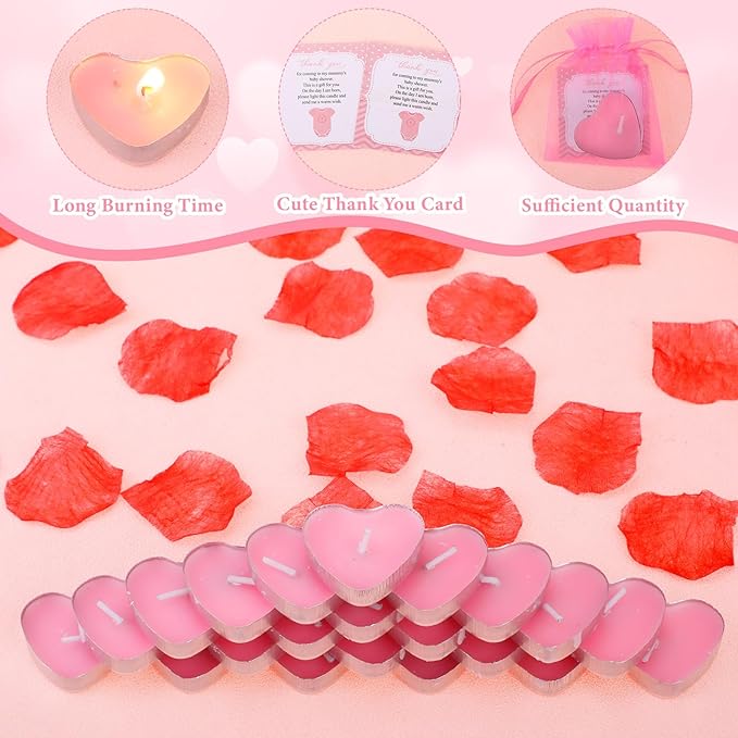 50 Sets Baby Shower Favors Candle Include 50 Pcs Heart Shaped Tealight Guests Baby Shower Candles Tealight with Thank Cards and 100 Pcs Gift Bags for Gender Reveal(Pink)