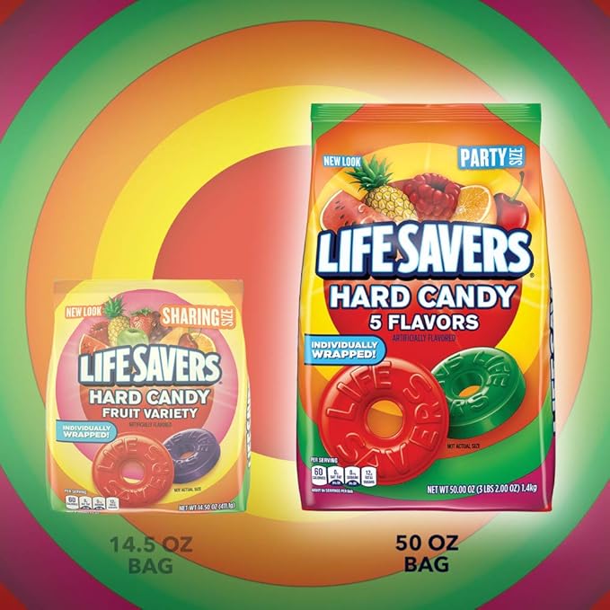 LIFE SAVERS Hard Candy Bag 5 Flavors, Hard Candy Individually Wrapped for Goodie Bags, Road Trips, Treats, Offices, Celebrations, 50-Ounce Party Size (Pack of 2)