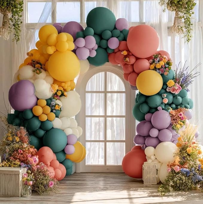 Boho Rainbow Balloon Garland Kit Double Stuffed Dusty Blue Pink Ivory Balloon Arch Mustard Yellow Purple Balloons for Thanksgiving Fall Baby Shower Birthday Party Decorations