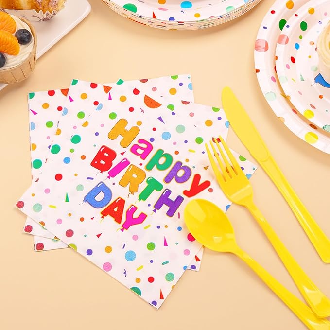 176PCS Happy Birthday Party Supplies, Happy Birthday Plates Serves 25, Includes Birthday Plates and Napkins, Cups,Yellow Cutlery and Happy Birthday Banner for Happy Birthday Party Decorations, 9inch