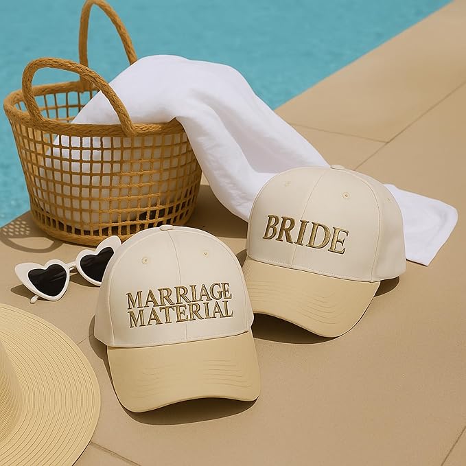 Marriage Material Hat | Trucker Hat Set for Bride and Wifey | Bride Hat for Wedding, Honeymoon, Bridal Shower