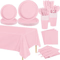 Kochorie 169 Pieces Light Pink Party Supplies Disposable Dinnerware Set Include Plates and Cups Napkins Plastic Forks Knives Spoons Tablecloth for Wedding Birthday Party Decorations, Serve 24 Guests