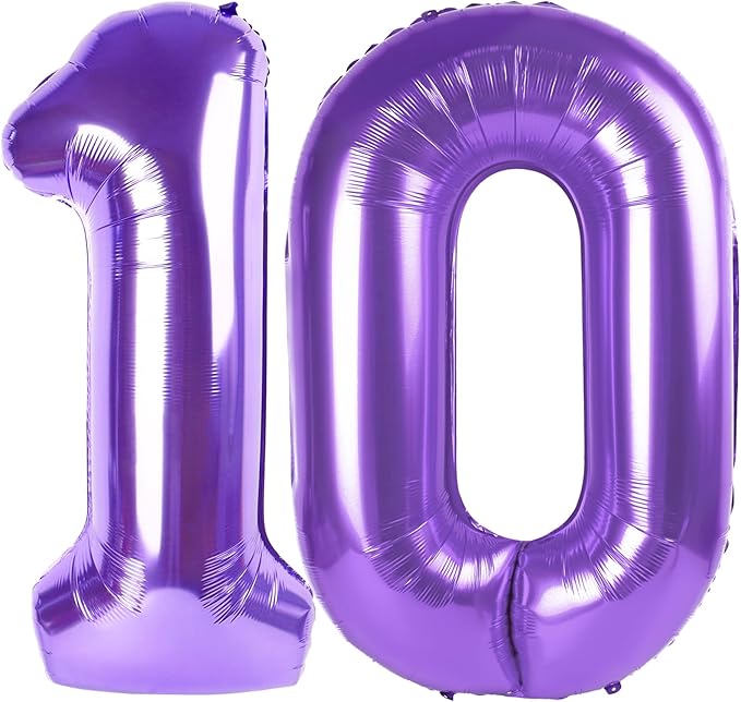 Giant Purple 10 Balloon Number 40 Inch, 10 Number Balloons Birthday Supplies, 10 Year Old Birthday Party Celebration, 10 Balloons Graduations Anniversary Decorations