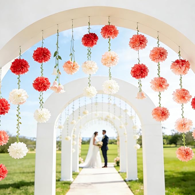 Sahoottie 2 Pcs Pink and Rose Hanging Paper Flower Garland, 8.2 FT Rose Ombre Tissue Paper Flower Garland, Rose Pink Gradient Pom Pom Garland for Wedding Backdrop Bridal Shower