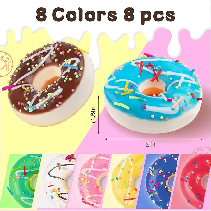 8pcs Donut Stress Ball, 2" Artificial Donut Stress Relief Exercise Balls, Small Fake Donuts for Birthday Party Favors, Shop Decoration, Shooting Props Display