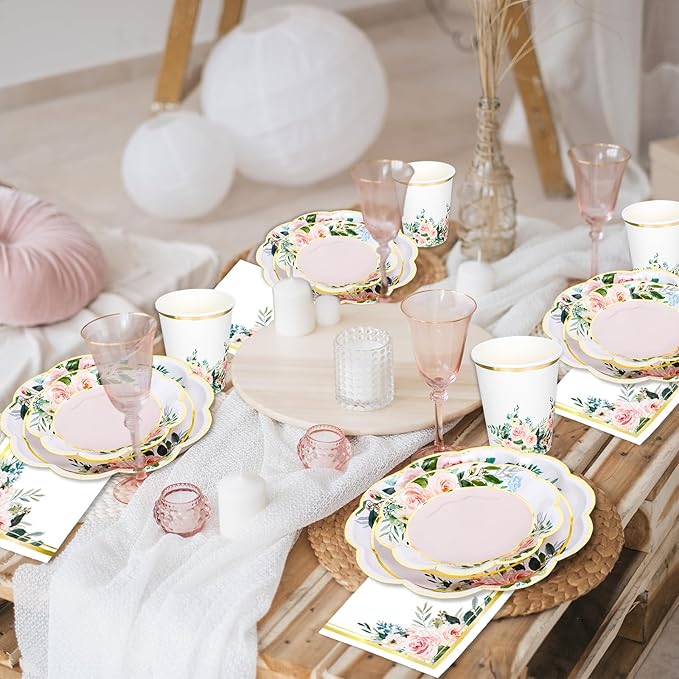 Whaline 100Pcs Pink Floral Paper Tableware Set Spring Flower Gold Foil Disposable Dinnerware Scalloped Plates Napkins and Cups for Wedding Birthday Baby Bridal Shower Party Supplies Table Decor