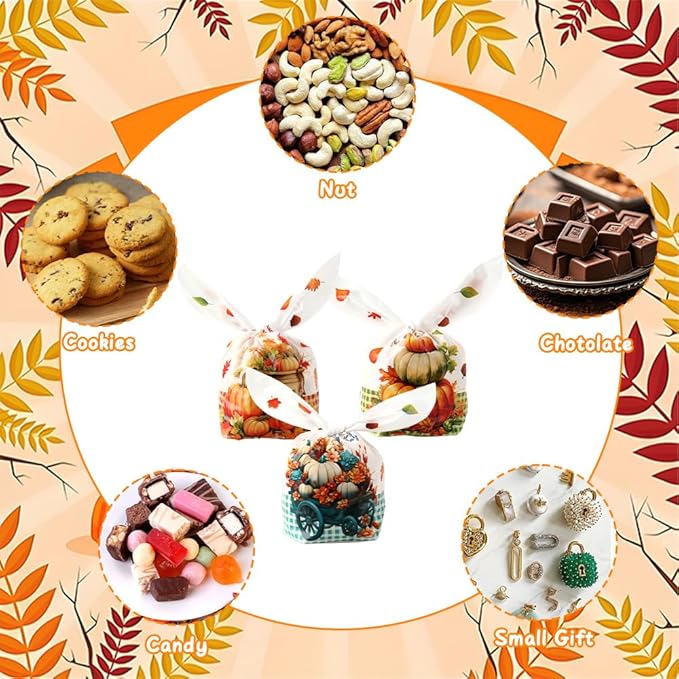 ldyllicStyle Thanksgiving Fall Treat Bags, 100 PCS Goodie Candy Snacks Gift Rabbit Ear Bag, Plastic Goody Snacks Bag for Thanksgiving Autumn Fall Harvest Holiday Party Favors Decoration Supplies White