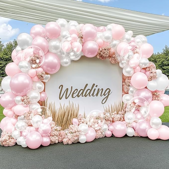 Pearl Pink White Balloon Arch Double Stuffed Pastel Light Pink White Cream Balloon Garland Kit with Bobo Balloons for Birthday Wedding Bridal Baby Shower Mother's Day Bachelorette Party Decor