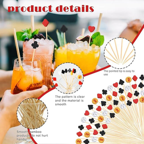 100Pcs Casino Cocktail Picks Poker Dice Theme Decor Toothpicks Fruit Sticks Food Cupcake Sandwich Appetizer Charcuterie Skewers for Las Vegas Game Night Adult Birthday Casino Themed Party Decorations