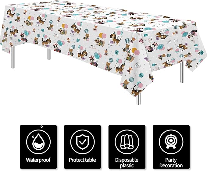 Dog Birthday Decorations Tablecloth, Disposable Puppy Dog Party Supplies Table Cover for Birthday Baby Shower, 3 Pack, 86in x 55in