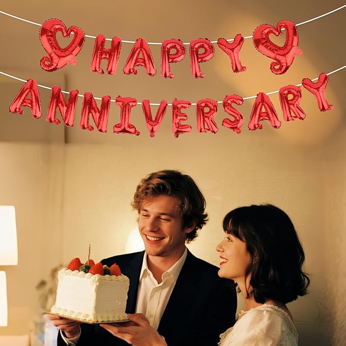 Happy Anniversary Balloon Banner, Red Foil Letter Balloons Sign with Heart Romantic Hanging Decoration for Women Men Couples Lovers Partners Wedding Ceremony Anniversary Party Supplies Gift