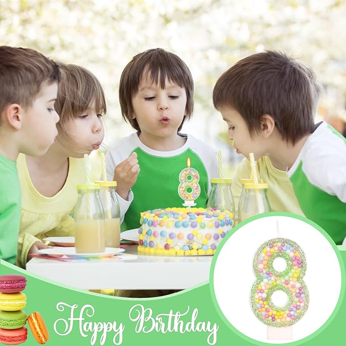Birthday Candles - Number 8 Candle, Colorful Macaron Candles for Boys/Girls, Green Cake Decorations, Dinosaur Themed Party Supplies