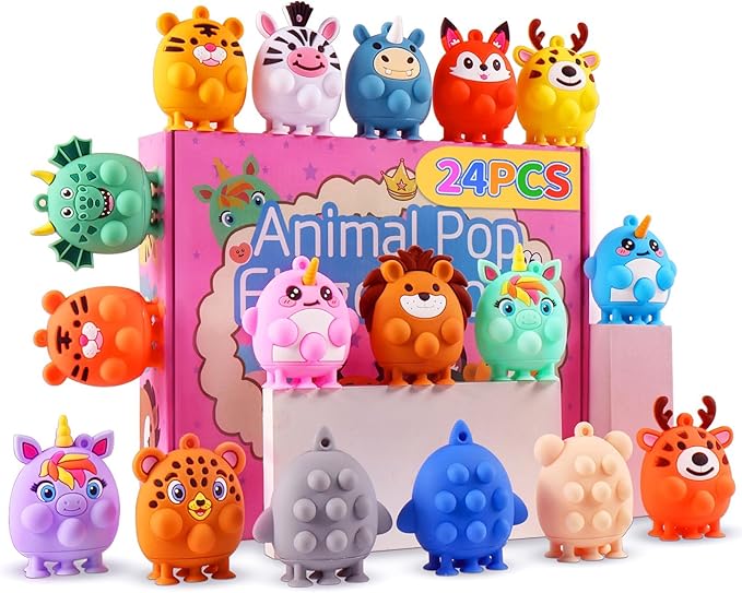 Easter Basket Stuffers, 24 PCS Party Favors for Kids, Silicone Animal Pop Fidget Toys with Suction, Birthday Gifts for Boy Girls, Treasure Box Toys, Goodie Bag Stuffers, Prizes for Kids