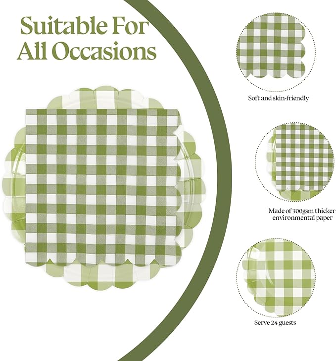 50PCS Sage Green Gingham Party Supplies - 7Inch Sage Green Scalloped Dessert Paper Plates and Napkins Set Disposable Plaid Dinner Party Set Cutlery for Baby Shower Birthday Wedding, Serve 25