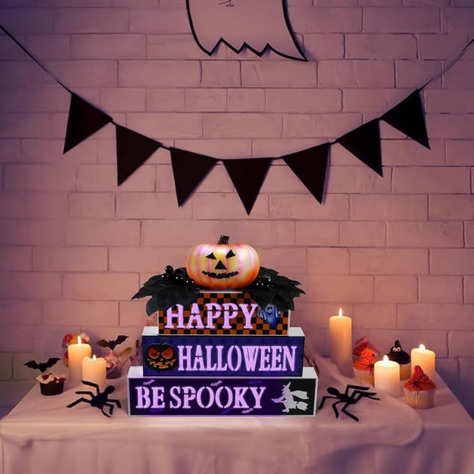 BlcTec Halloween Decorations Indoor, Premium Wood Block Sign with Lighted 3D Letters, Pumpkin, Maples & Berries, Timer Battery Operated Halloween Décor for Home Tabletop, Mantle, Shelf, Tiered Tray