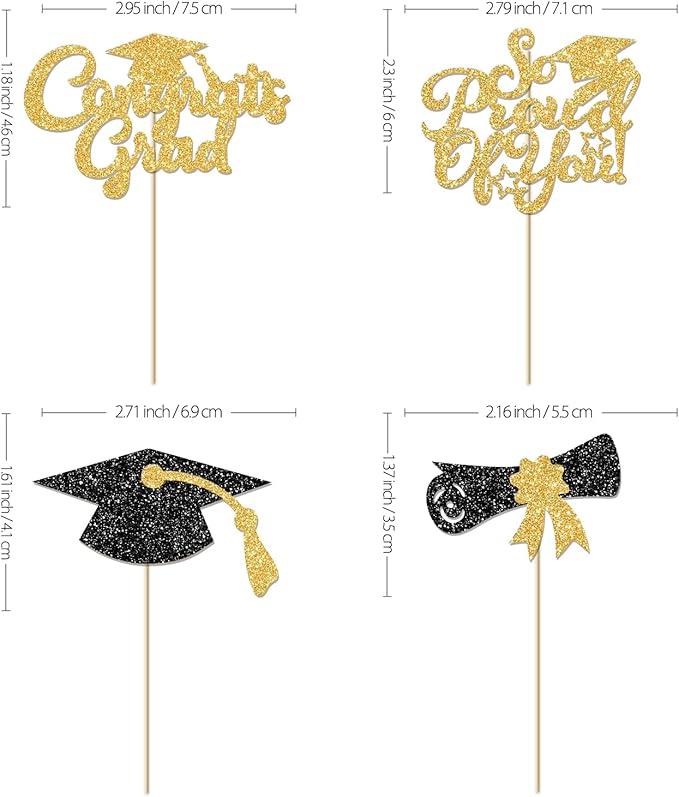 24Pcs Black Gold Graduation Cupcake Toppers 2026, Glitter Grad Cap Diploma Congrats Grad We Are So Proud of You Cupcake Toppers for Class of 2026 Graduation Party Decorations.