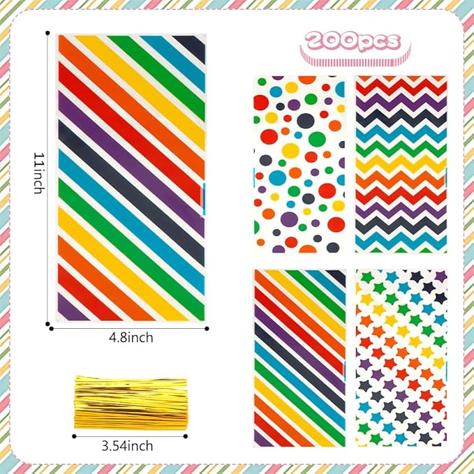 Party Favor Bags for Kids Birthday, 200 PCS Rainbow Cellophane Treat Goodie Candy Gifts Bags with Ties Colored Pouch Stuffers Baby Show Supplies Baggies Colorful Dot Stripes Printed Wrap(5x11 Inch)