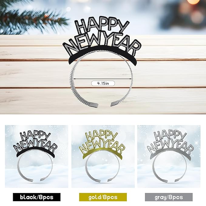 24 Pcs Happy New Year Headbands for Women 2026 New Year Eve Hairbands Party Supplies Holiday Headwear Decoration Gifts (Black+Gold+Silver)