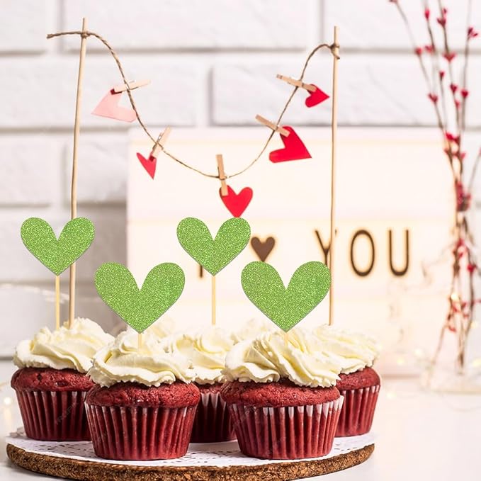 24Pcs Glitter Heart Cupcake Toppers for Valentine's Day Decorations, Mixed Size Double-Sided Heart Valentine's Day Cupcake Toppers for Wedding Bridal Shower Party Decorations (Green)