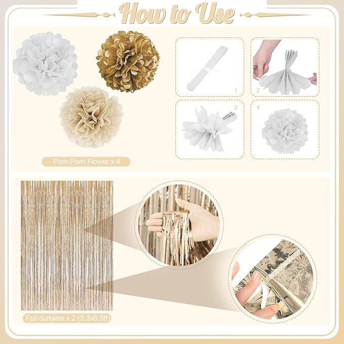 White Gold Birthday Decorations, Beige Gold Party Décor with Foil & Latex Balloons Sash Fringe Curtains Happy Birthday Banner Cake Topper Paper Pompoms Party Decor for Women Girl