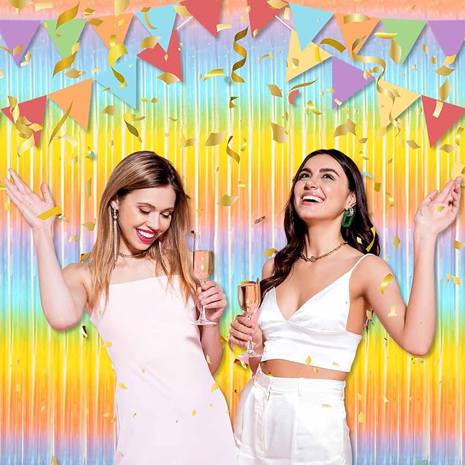 6 Pack Light Rainbow Foil Fringe Curtains Backdrop, 3.28 x 9.8 Ft Metallic Streamers Tinsel Curtains Background for Photo Booth, Birthday, Halloween, Christmas, New Year Party Decorations