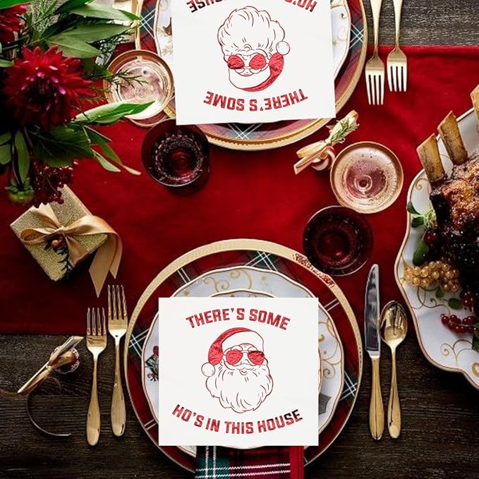 There’s Some Hos in This House Napkins, Funny Christmas Party Decorations, Christmas Xmas Holiday Party Decorations, Christmas Friendsmas Birthday Party Supplies(5 x 5 In, Red Foil, 50-Pack)
