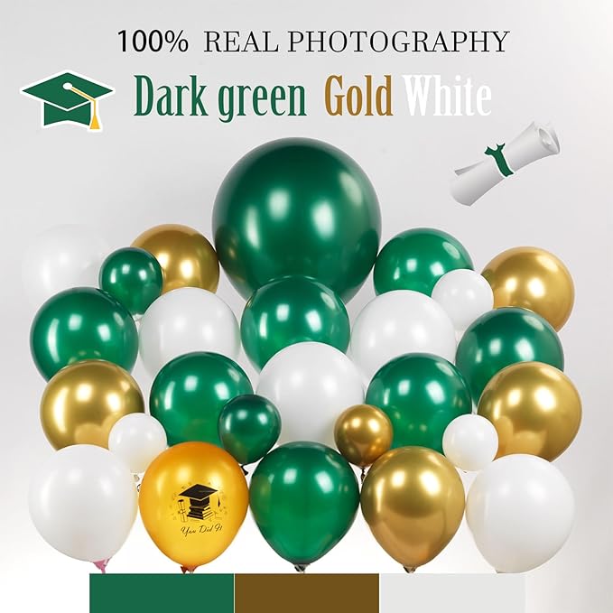 Green Graduation Balloon Garland Arch Kit 115PCS with Graduation Star print Certificate Letter Mylar Foil Balloons for Graduate Class of 2026 Grad Prom party Decorations Supplies (Green Gold White)