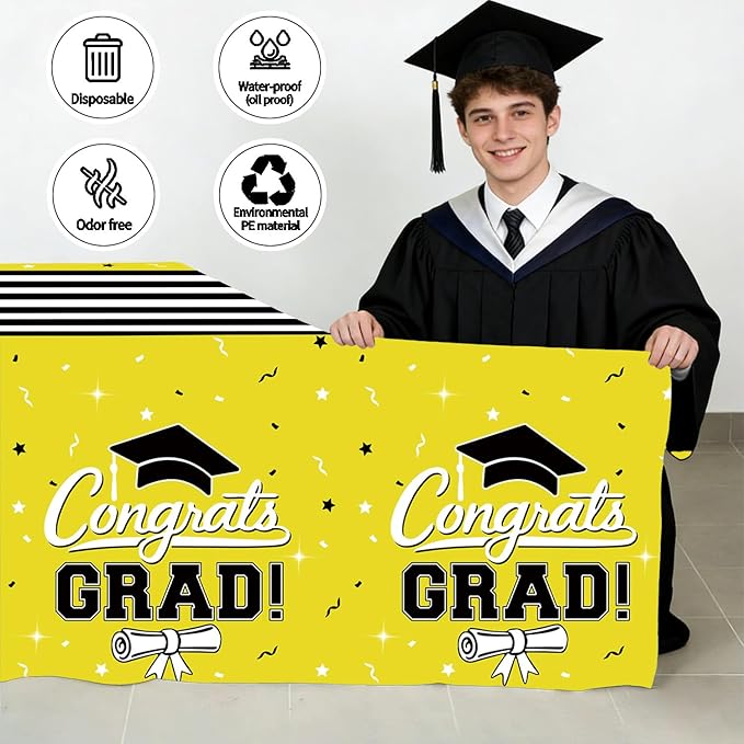 7-Pack Graduation Party Decorations Set, 3 Yellow Graduation Tablecloths 54x108in, 2026 and Grad Balloons, 2 Foil Fringe Curtains for High School College Graduation Party Photo Booth
